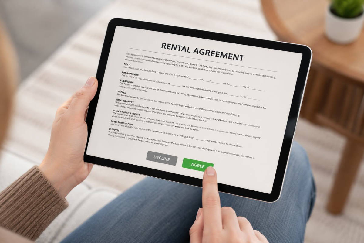 Landlord reviewing and signing a lease agreement on a tablet